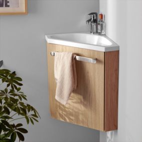 Meuble lave-mains SKINO décor chêne avec vasque blanche + robinet chromé