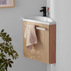 Meuble lave-mains SKINO décor chêne avec vasque blanche + robinet noir