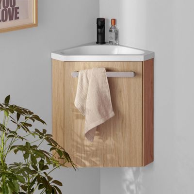 Meuble lave-mains SKINO décor chêne avec vasque blanche + robinet noir
