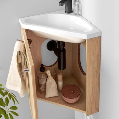 Meuble lave-mains SKINO décor chêne avec vasque blanche + robinet noir