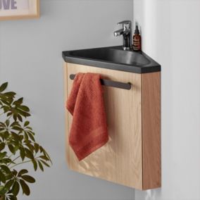 Meuble lave-mains SKINO décor chêne avec vasque noire + robinet chromé