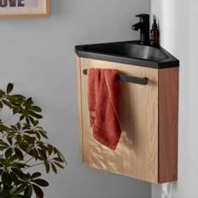 Meuble lave-mains SKINO décor chêne avec vasque noire + robinet noir