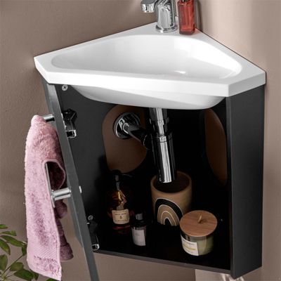 Meuble lave-mains SKINO noir + robinet chromé