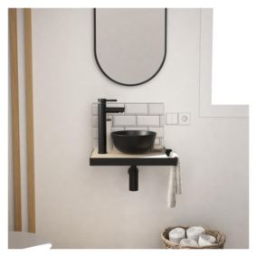 Meuble lave-mains SOHO plan fin p-serviette côté vasque noire + miroir