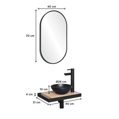 Meuble lave-mains SOHO plan fin p-serviette côté vasque noire + miroir