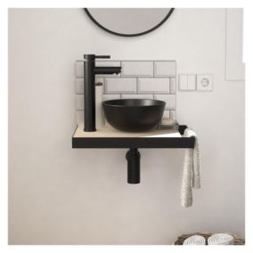 Meuble lave-mains SOHO plan fin p-serviette côté vasque noire + robinet