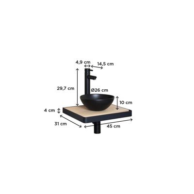 Meuble lave-mains SOHO plan fin p-serviette face vasque noire + robinet