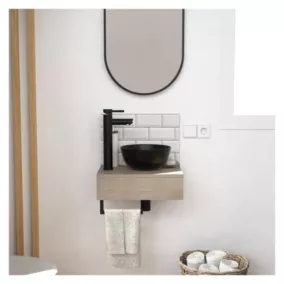 Meuble lave-mains SOHO plan épais vasque noire + robinet + miroir