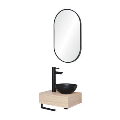 Meuble lave-mains SOHO plan épais vasque noire + robinet + miroir
