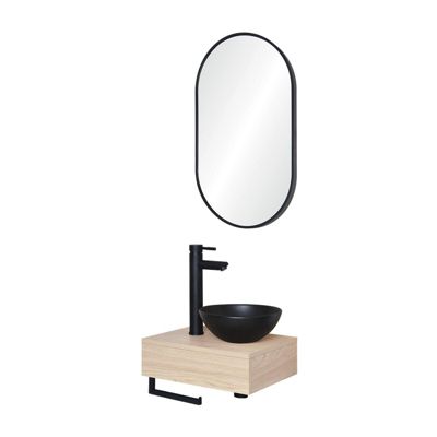 Meuble lave-mains SOHO plan épais vasque noire + robinet + miroir
