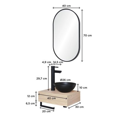 Meuble lave-mains SOHO plan épais vasque noire + robinet + miroir