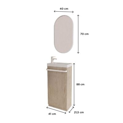 Meuble lave-mains sur pieds JOHANN décor chêne + vasque + miroir
