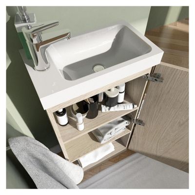 Meuble lave-mains sur pieds JOHANN décor chêne + vasque + miroir