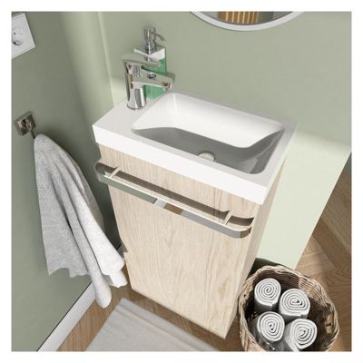 Meuble lave-mains sur pieds JOHANN décor chêne + vasque + miroir