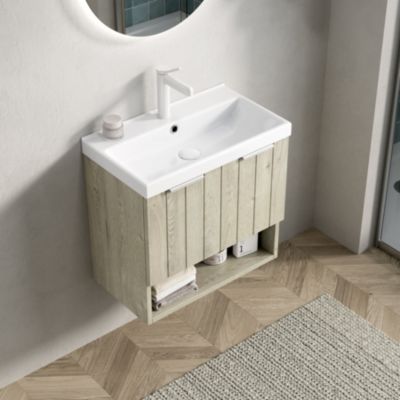 Meuble lave-mains suspendu 55 cm blanc cassé avec vasque céramique et étagère ouverte