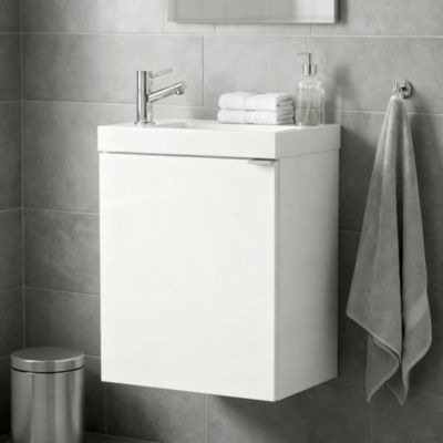 Meuble lave mains suspendu blanc brillant l.44 cm Imandra + plan vasque blanc résine Beni, GoodHome
