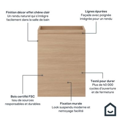 Meuble lave mains suspendu effet chêne clair 1 porte l.43,5 x H.55 x P.23,2 cm GoodHome Imandra