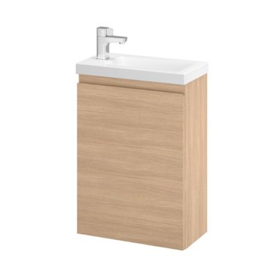 Meuble lave mains suspendu effet chêne clair l.43,5 cm 1 porte Imandra + plan vasque blanc résine Beni, GoodHome