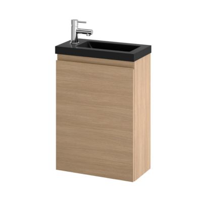 Meuble lave mains suspendu effet chêne clair l.43,5 cm 1 porte Imandra + plan vasque noir résine Beni, GoodHome