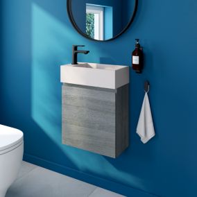 Meuble lave mains suspendu effet chêne clair l.45 cm + plan vasque lave mains béton beige moucheté, Calao