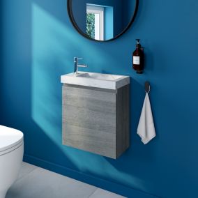 Meuble lave mains suspendu effet chêne clair l.45 cm + plan vasque lave mains effet marbre blanc, Calao