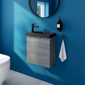Meuble lave mains suspendu effet chêne clair l.45 cm + plan vasque lave mains effet marbre noir, Calao