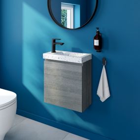 Meuble lave mains suspendu effet chêne clair l.45 cm + plan vasque lave mains terrazzo, Calao