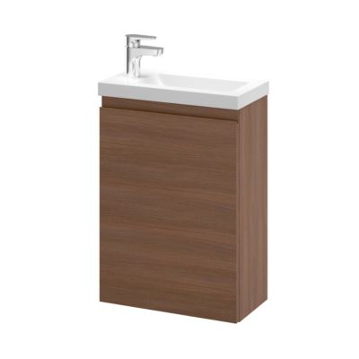 Meuble lave mains suspendu effet chêne foncé l.43,5 cm 1 porte Imandra + plan vasque blanc résine Beni, GoodHome