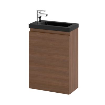 Meuble lave mains suspendu effet chêne foncé l.43,5 cm 1 porte Imandra + plan vasque noir résine Beni, GoodHome
