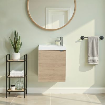 Meuble lave mains suspendu effet chêne l.44 cm Imandra + plan vasque blanc résine Beni, GoodHome