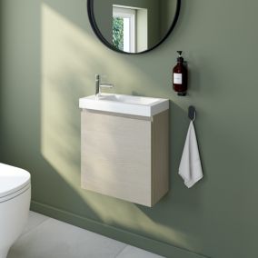 Meuble lave mains suspendu effet chêne l.45 cm Calao + plan vasque lave mains blanc en céramique Nira