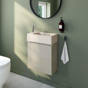 Meuble lave mains suspendu effet chêne l.45 cm + plan vasque lave mains béton beige moucheté, Calao