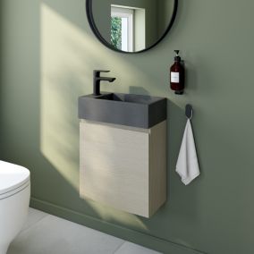 Meuble lave mains suspendu effet chêne l.45 cm + plan vasque lave mains béton gris, Calao