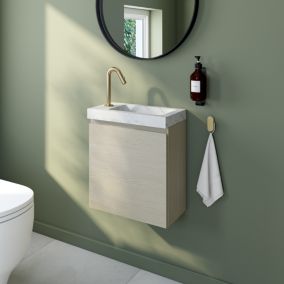 Meuble lave mains suspendu effet chêne l.45 cm + plan vasque lave mains effet marbre blanc, Calao