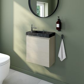 Meuble lave mains suspendu effet chêne l.45 cm + plan vasque lave mains effet marbre gris, Calao