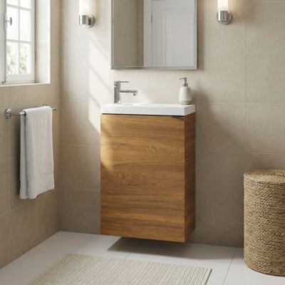 Meuble lave-mains suspendu effet noyer l.44 cm Imandra + plan vasque blanc résine Beni, GoodHome