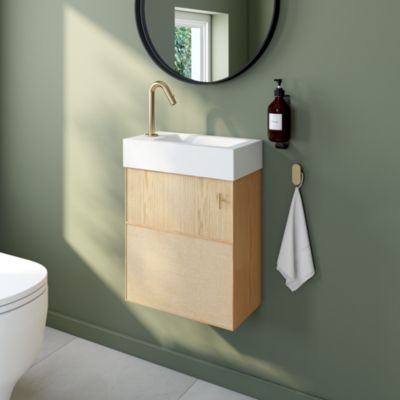 Meuble lave mains suspendu l.43,2 x H.48 x P.22,5 cm, effet chêne clair et jute, Homesight Java