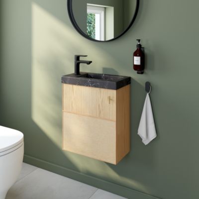 Meuble lave mains suspendu l.43,2 x H.48 x P.22,5 cm, effet chêne clair et jute, Homesight Java