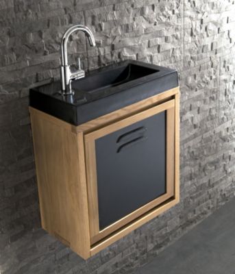 Meuble lave mains suspendu l.44 x H.44 x P.23 cm, chêne massif et métal noir, Cooke & Lewis Indus