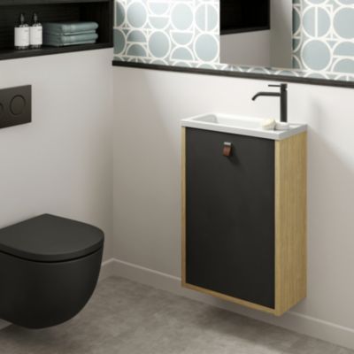 Meuble lave-mains NIKA Noir intérieur décor chêne + robinet noir