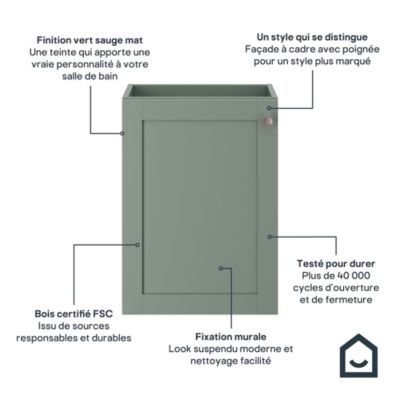 Meuble lave mains suspendu vert sauge 1 porte l.43,5 x H.55 x P.23,2 cm GoodHome Imandra