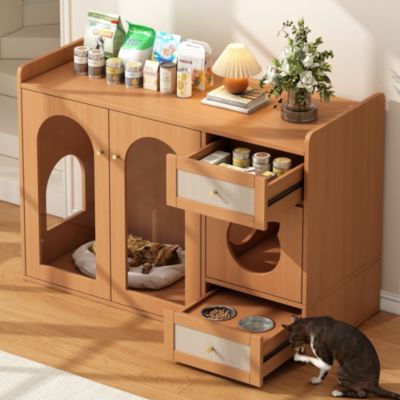 Meuble Litière Chat avec Maison de Toilette Cachée/Rangement, Gamelles Incluses - MDF+Verre Noyer, 120x45x83 cm