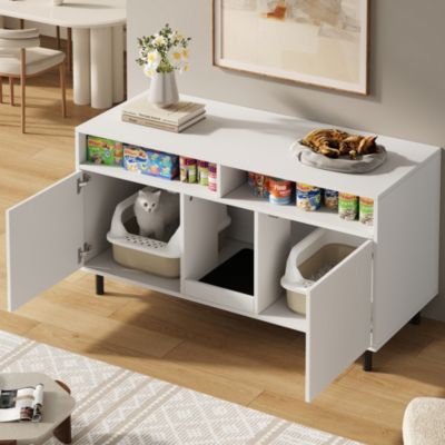 Meuble Litière Chat Multifonction avec Étagères/Rangement, Armoire Cache-Litière Pratique - MDF Blanc, 120x50x66 cm