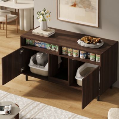 Meuble Litière Chat Multifonction avec Étagères/Rangement, Armoire Cache-Litière Pratique - MDF Noyer, 120x50x66 cm