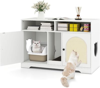 Meuble Litiere Chat, 108 x 50,5 x 73,5 CM, Maison de Toilette Chat d'Intérieur, 2 Entrées, 2 Compartiments Ouverts