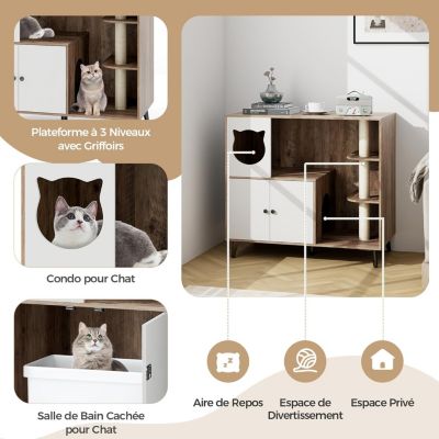 Meuble Litiere Chat avec Arbre a Chats, 100 x 50 x 90CM, Cache Litiere Chat avec Poteau à Gratter en Sisal, Condo