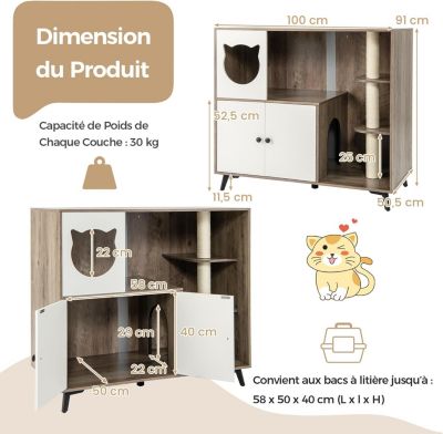 Meuble Litiere Chat avec Arbre a Chats, 100 x 50 x 90CM, Cache Litiere Chat avec Poteau à Gratter en Sisal, Condo