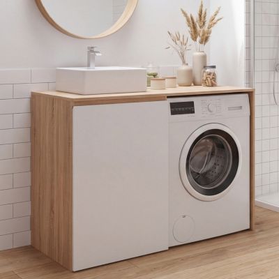 Meuble machine à laver ou sèche-linge avec placard TOMI, meuble vasque bois façon hêtre et blanc