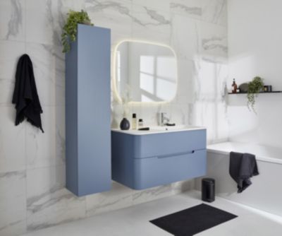 Meuble meuble sous vasque bleu mat l.104 cm + plan vasque à droite blanc mat Alba