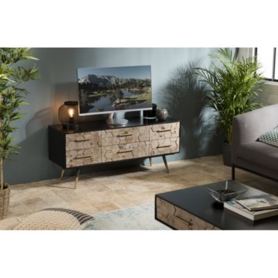 Meuble noir TV 6 tiroirs en sapin marqueté pieds métal doré